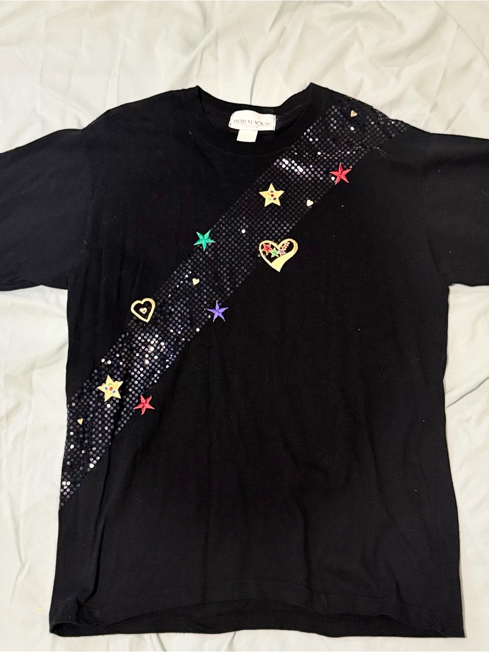 Bob Mackie Black Tee with Gold Hearts & Multicolor Star Accents